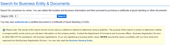 Hawaii Secretary of State business entity name search form.